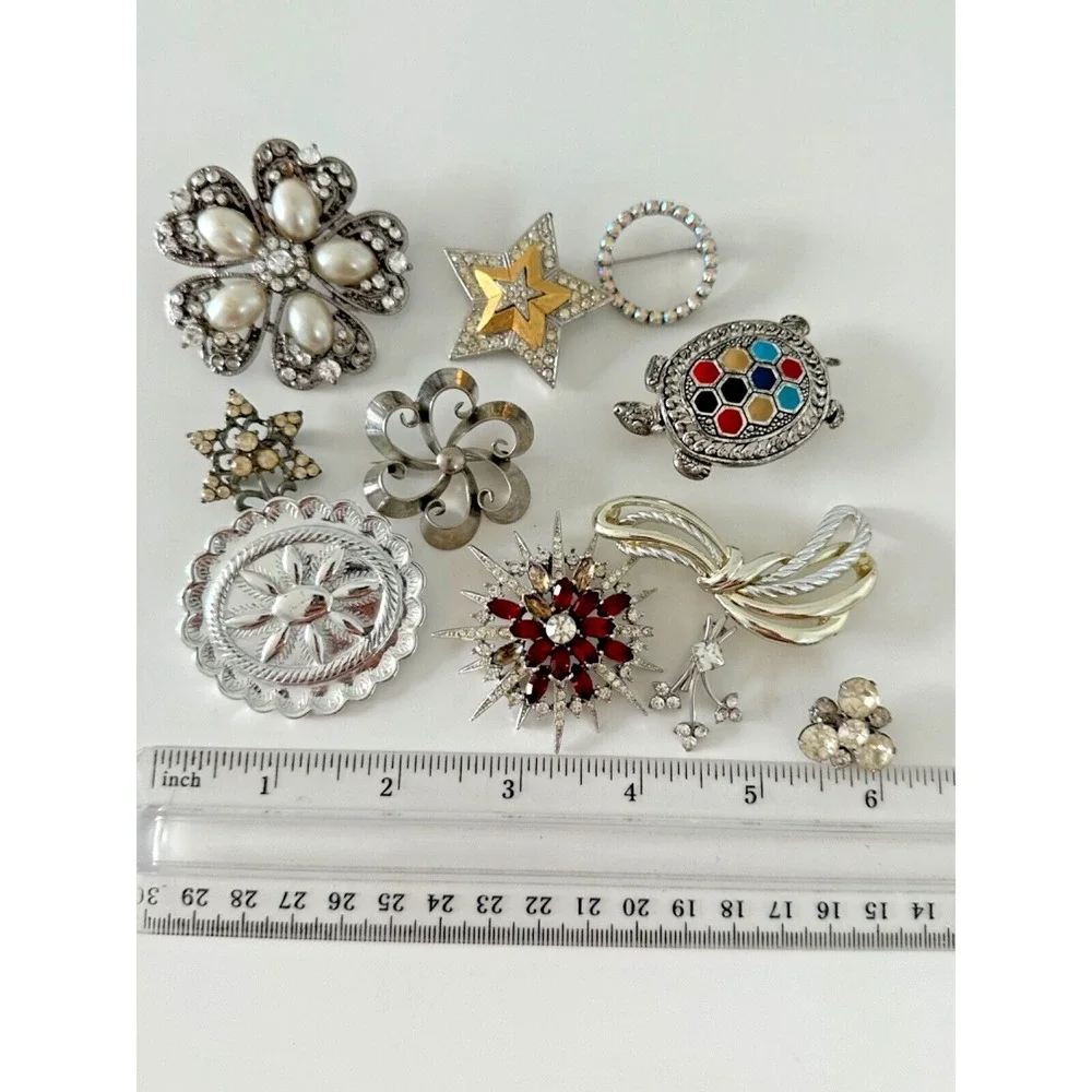 Rhinestone Brooch Turtle Flower Star Ring Concha Silver Tone Lot 11 pcs